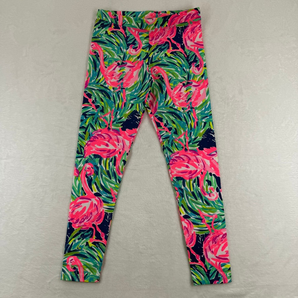 Lilly Pulitzer Girls Pink Flamingo Tropical Palm Leaf Print Leggings Size L 8-10